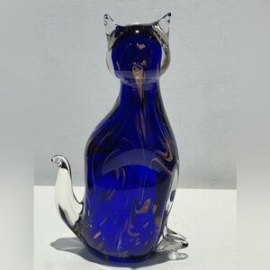 Cobalt Blue Gold Cat Art Glass Figurine 8 Inches Tall Vintage Murano Style